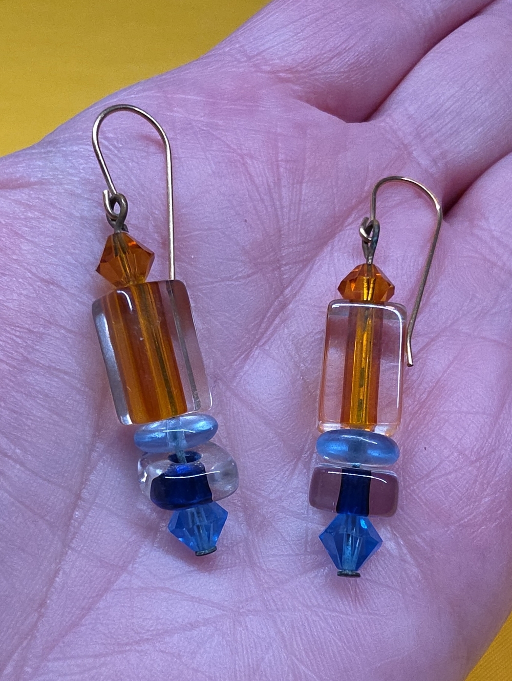 Vintage Handcrafted Blue and Amber Glass Bead Drop Earrings